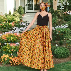 African Print Full Skirt with Head Wrap and Face Mask (Orange, Green, Black)